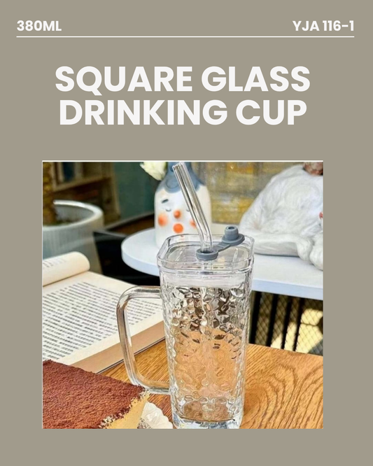 Square Glass Drinking Cup with Straw 380ml YJA116-1