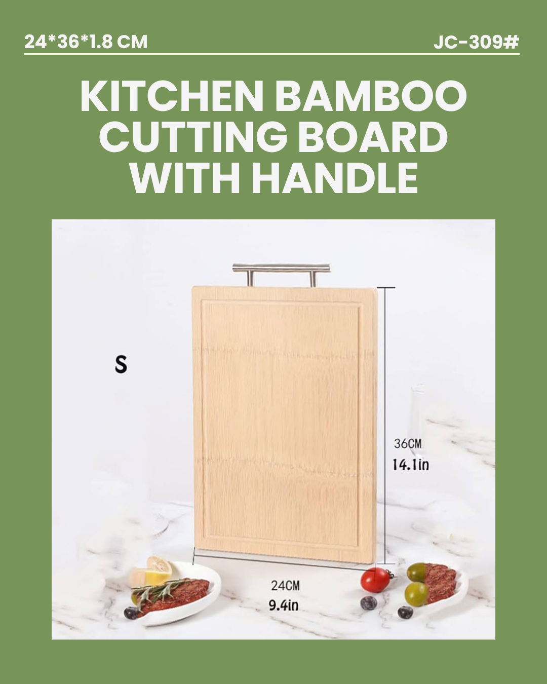 Kitchen Bamboo Cutting Board with Handle 24x26x1.8cm JC309