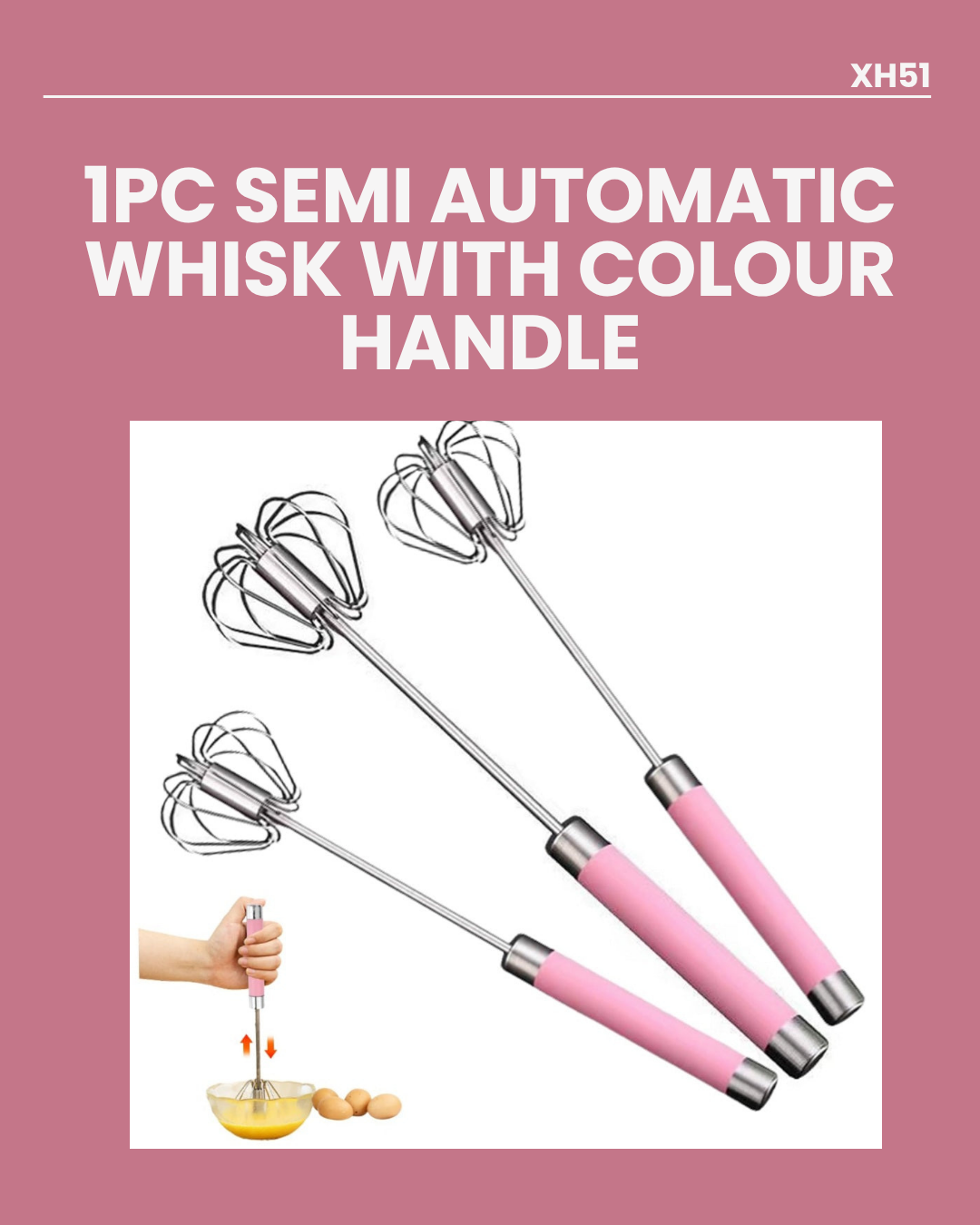 Semi Automatic Whisk With Colour Handle XH-51/60 24cmx4cm RANDOM COLOUR