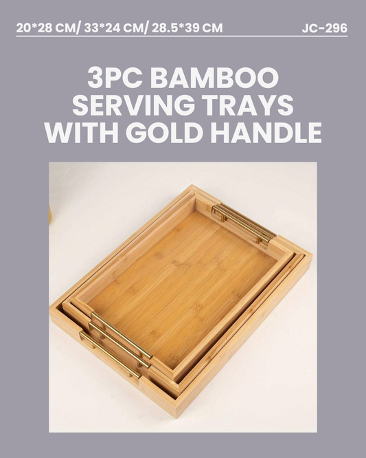 3pc Bamboo Serving Trays With Gold Handle JC296